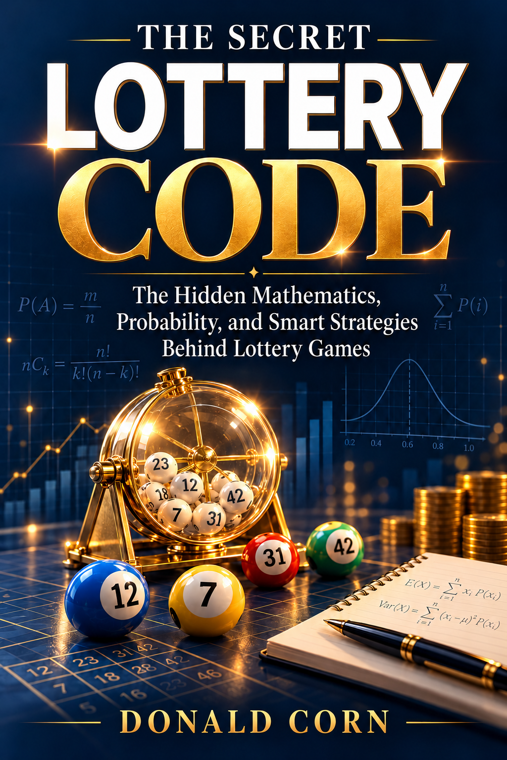 The Secret Lottery Code by StargateDPN Publishing, navy and gold cover with lottery balls